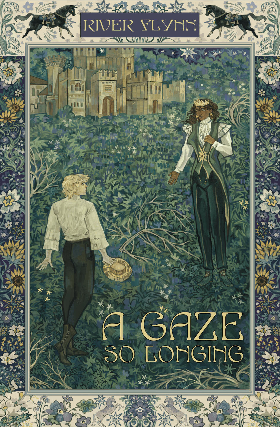 The cover of the book "A Gaze So Longing" by River Flynn. The cover is dominated by greens and beiges. It shows the two main characters of the book, Favian and Leonardo, on a nature-themed background with a beige brick castle in the back. The cover has a border with flowers and horses.