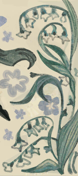 Cutout from the cover's decorative border showing lilies of the valley on a beige background.
