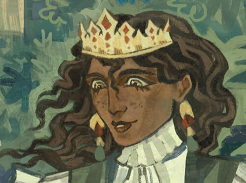 Leonardo has flowy brown curls that are a little longer than his shoulders. His eyes are amber, his skin a bronze brown, and he has freckles. He wears earrings and a ruffled blouse, and a golden crown with red gemstones.