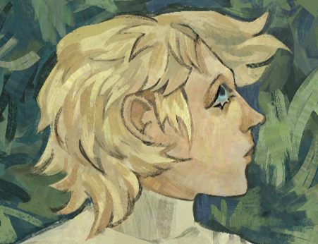 Favian has beige skin, his hair is blonde, his eyes blue, he wears a beige tunic. He looks to the top right.